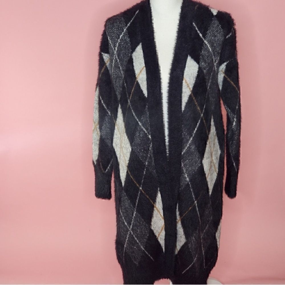 Black Cardigan Sweater Marled Womens Small Argyle Open Front Duster